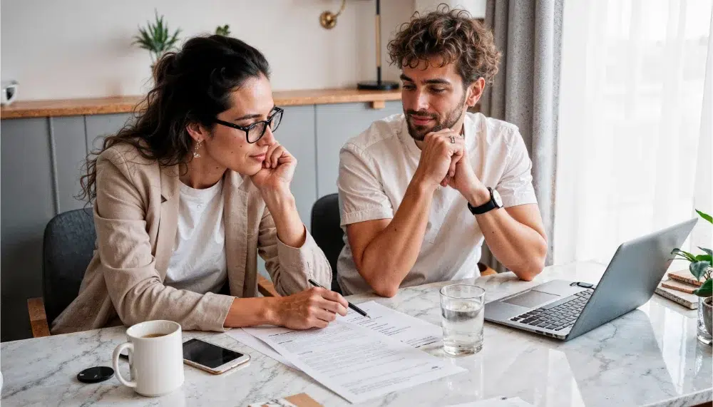 des employés au travail assis devant leur ordinateur portable en train d’examiner des plans de retraite et d’épargne