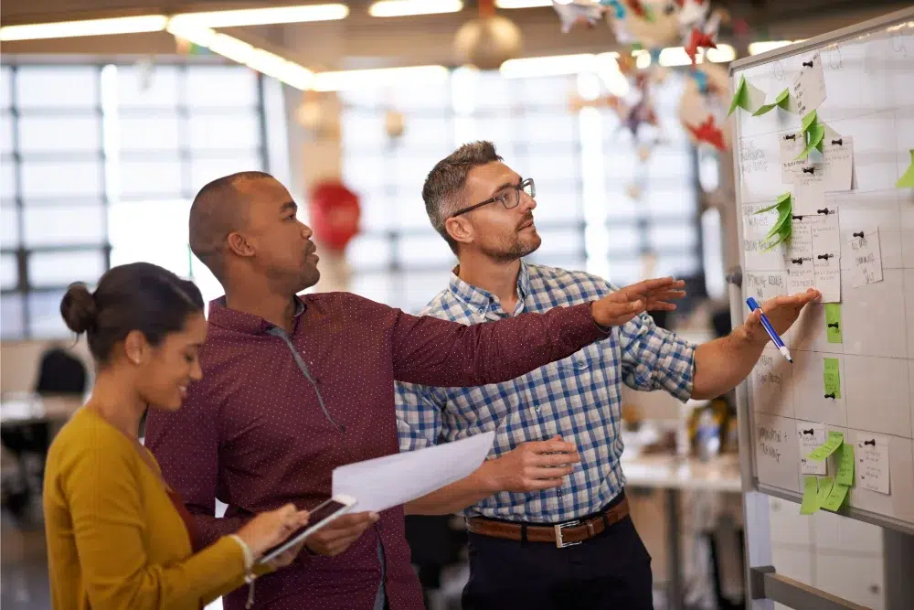 business people with whiteboard brainstroming project ideas for business with deferred profit sharing plan